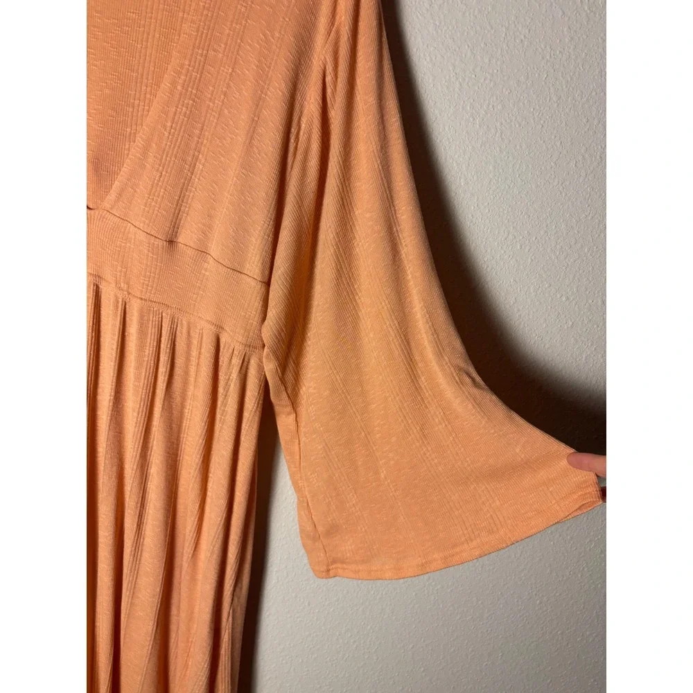Free People Beach V Neck Maxi Tiered Dress Peach Apricot Long Sleeve L